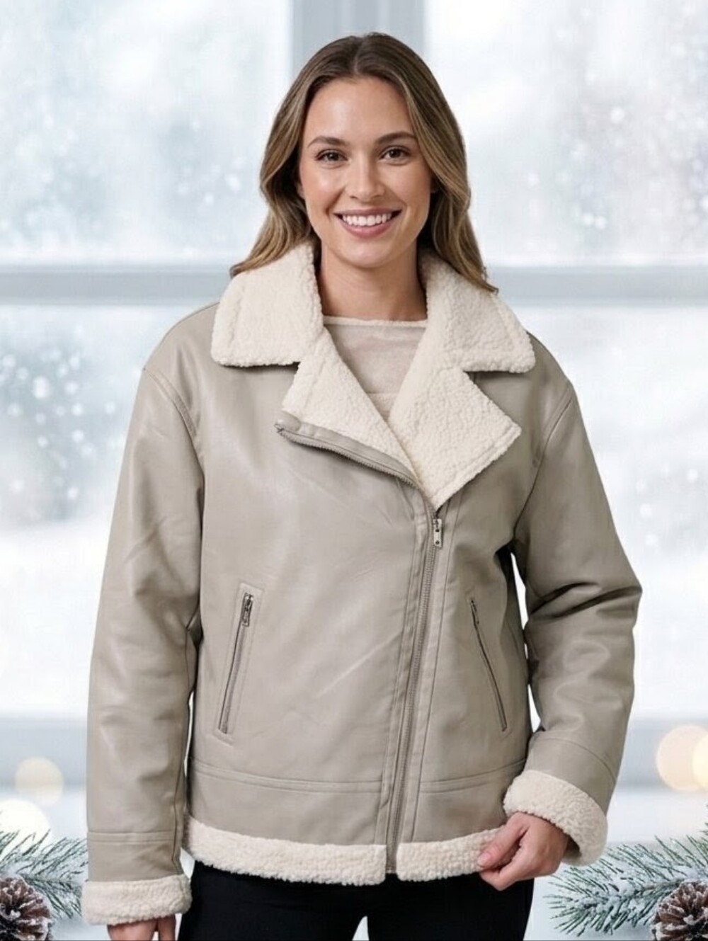 Sebby Collection Faux Leather & Shearling Moto Jacket Size XL Cream